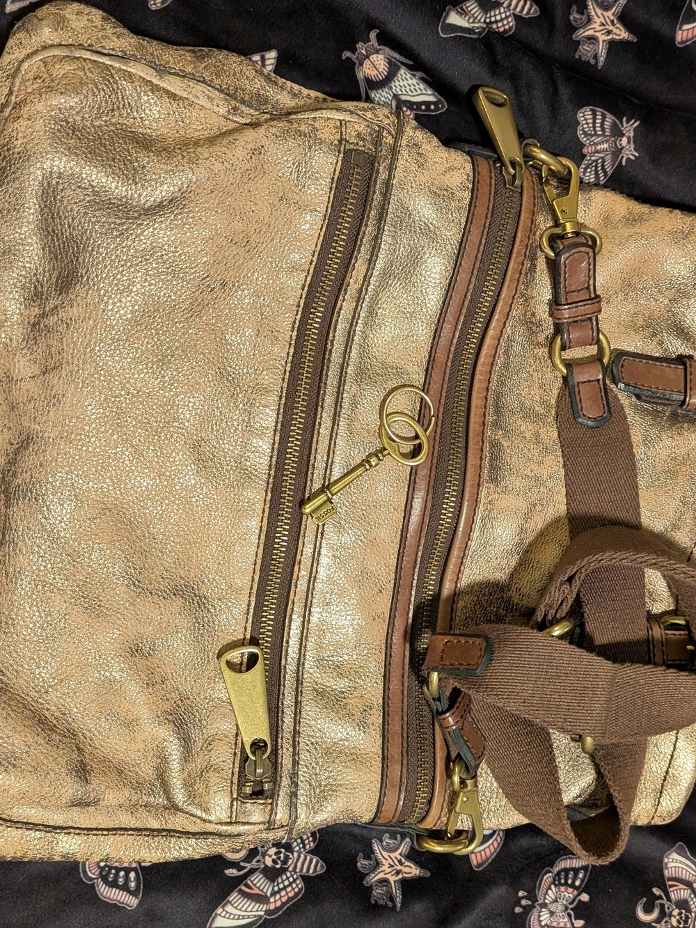 Fossil Chrome /Tan Leather Crossbody Messenger Bag